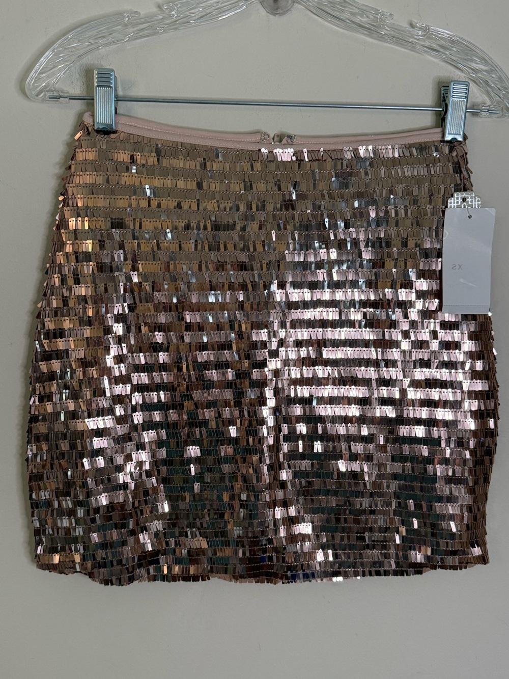 Glam formal sequined mini skirt coppery gold shimmery luxury SZ XS